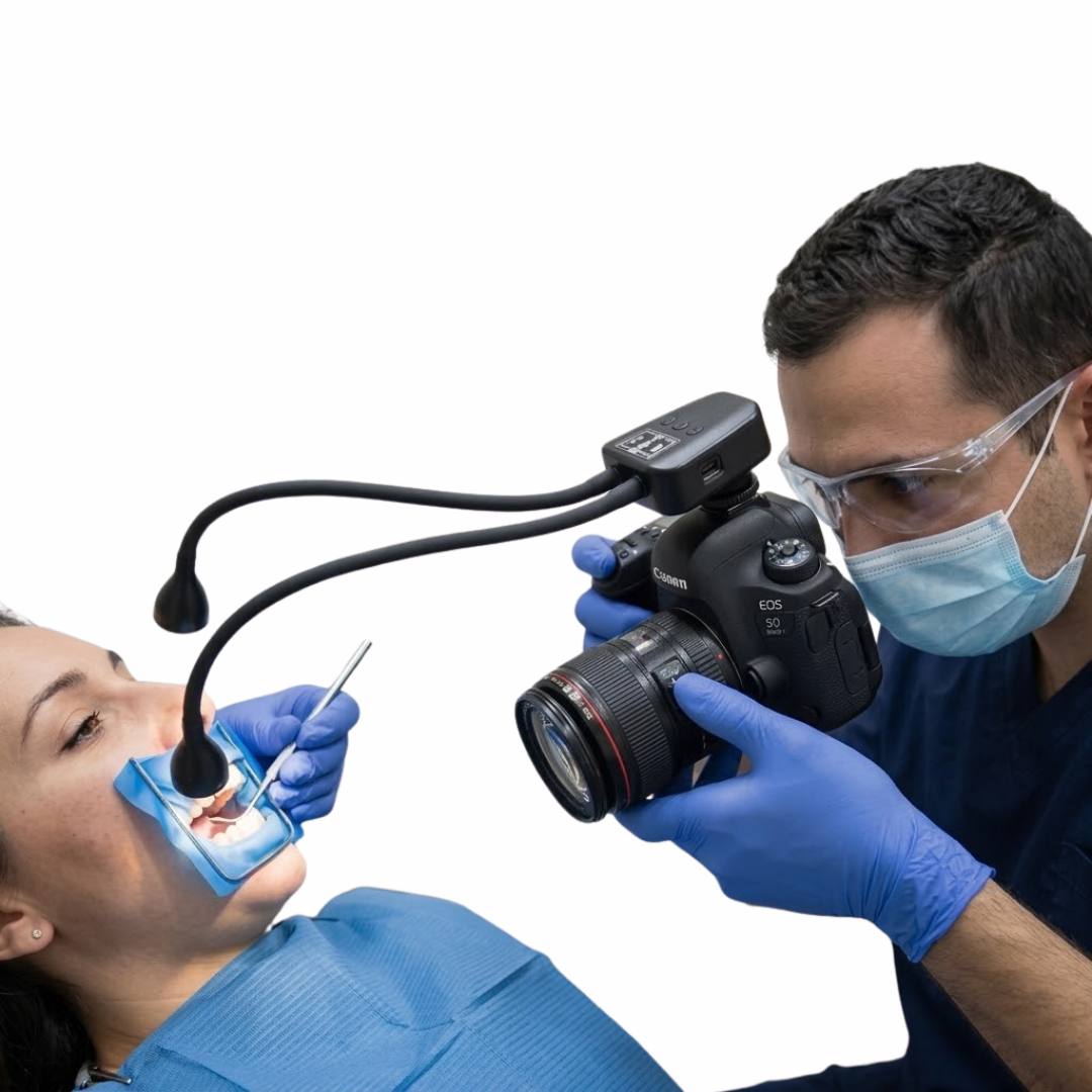 Duale LED-Beleuchtung für Dentalfotografie – Kompatibel mit allen Kameramodellen | Helligkeit in 10 Stufen einstellbar