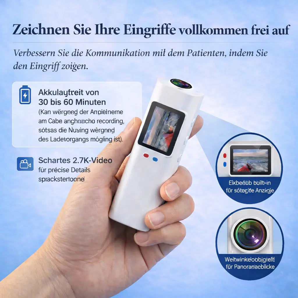 Zeichnen Sie Ihre Eingriffe vollkommen frei auf — 30–60 Min Akku, 2.7K-Video, integrierter Bildschirm und Weitwinkelobjektiv